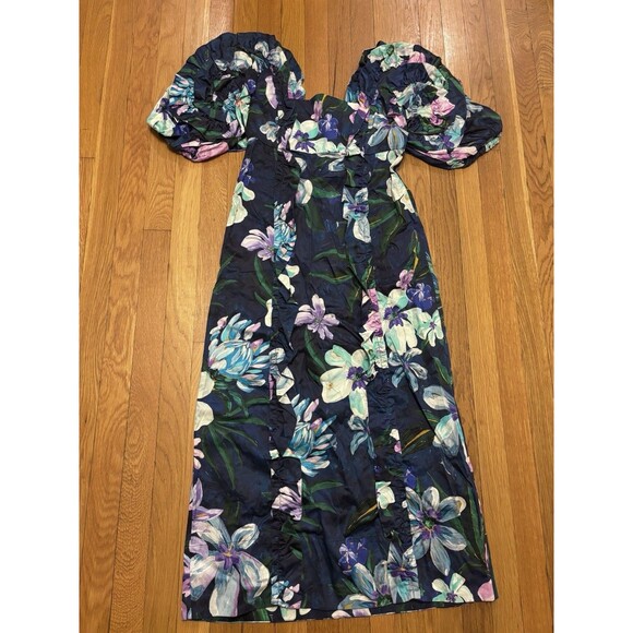 FARM RIO Blue Floraline Ruffle Floral Print Midi Dress Puff Sleeve Size M - Picture 2 of 9